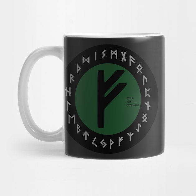 Green Fehu Elder Futhark Rune Symbol by DepicSpirit